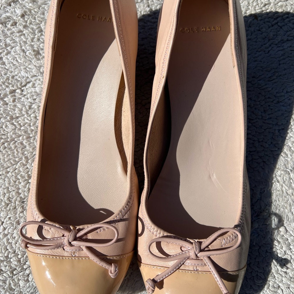 Cole Haan Nude Patent-Toe Ballet Flats with Bow